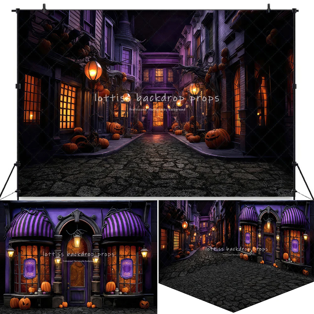Haunted Halloween Street Backdrops Child Photography Props Kids Adult Festival Decors Magic Shop Front Background image 3