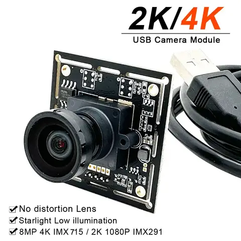 Industrial 8MP 4K CMOS IMX715 / 2K IMX291 Sensor USB Module Wide Angle 130Degree No Distortion Lens USB2.0 OTG UVC Plug and Play