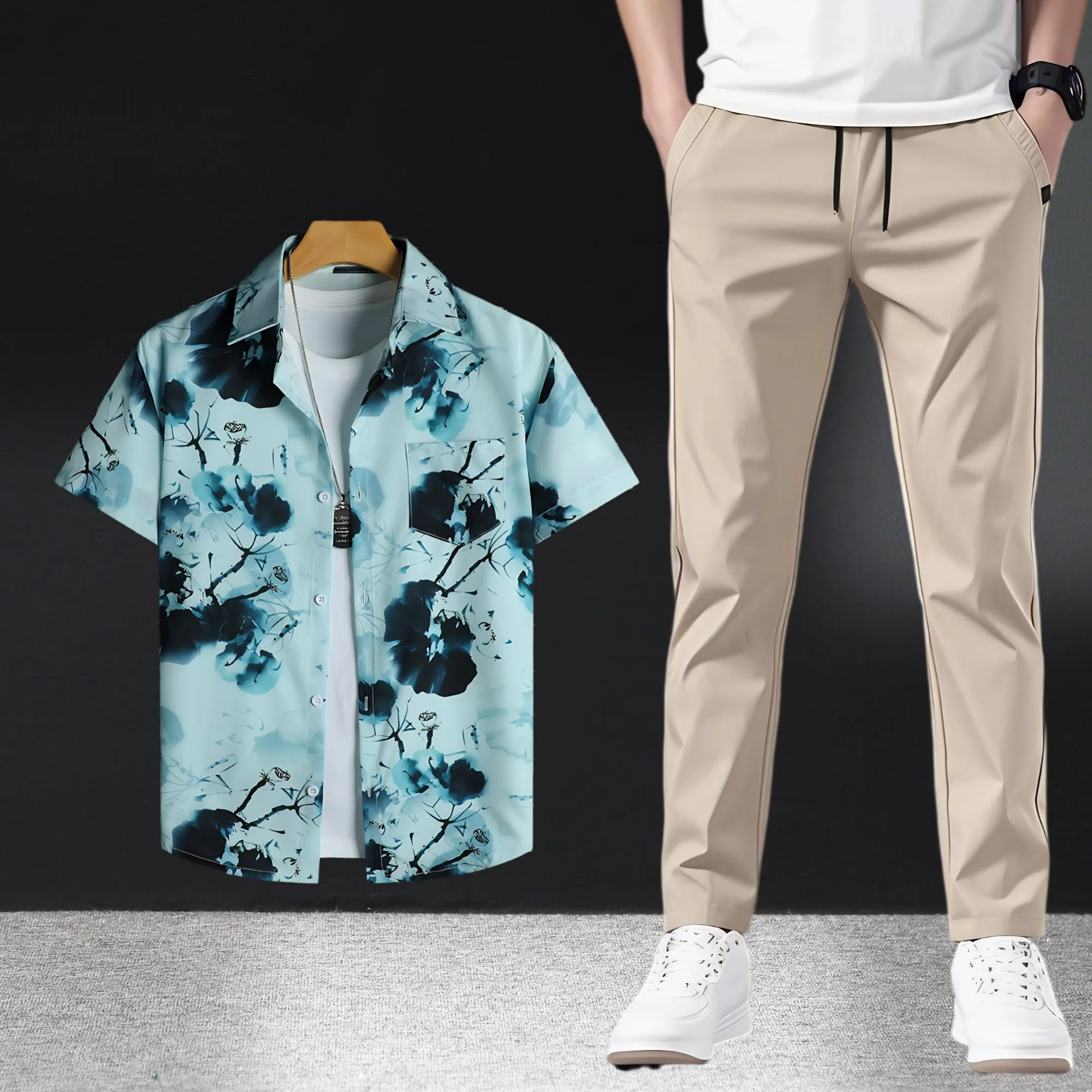

England Style Mens Summer Casual Outfit Two Pieces Set Short Sleeve Print Shirts and Pants Chinese Ink Painting Shirt