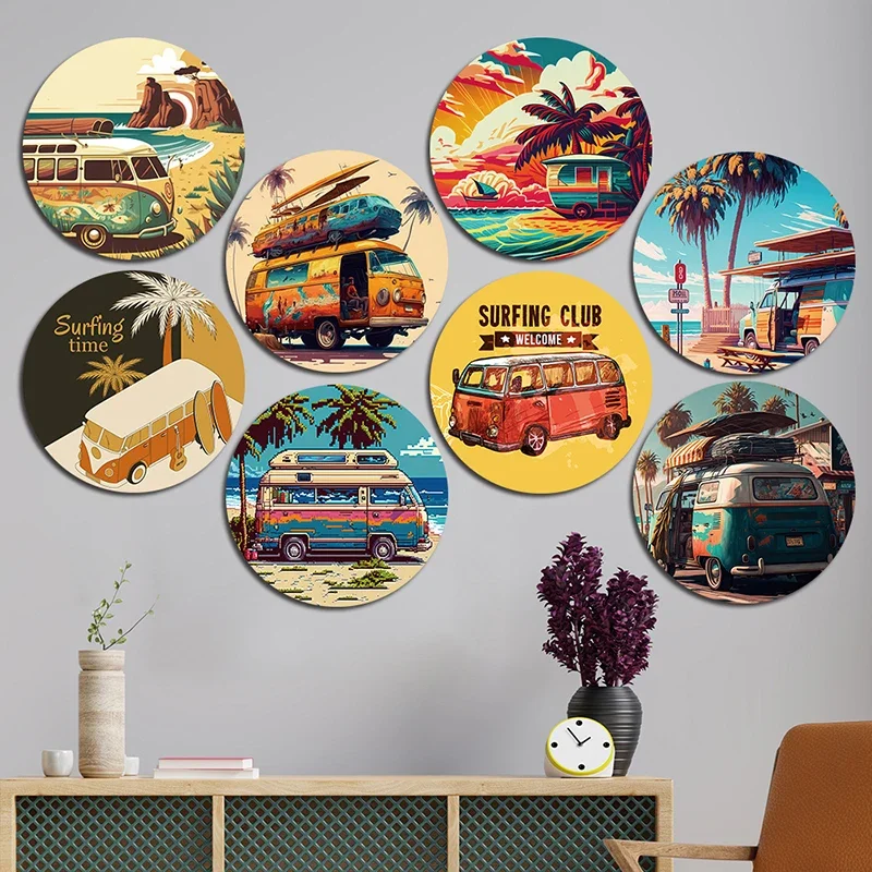 Summer Travel Plaques Round Metal Tin Signs Vintage Travel Bus Beach Surf Metal Plate Wall Decor Surfing Club Seaside Man Cave