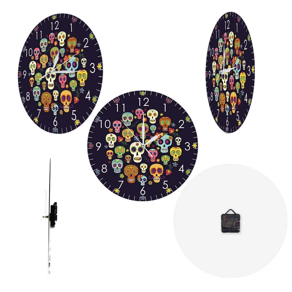 Variety Colorful Sugar Skull Heads Die de Muertos Wall Clock Hippie Skeletons Home Decor Day Of The Dead Flower Rose Skull Clock