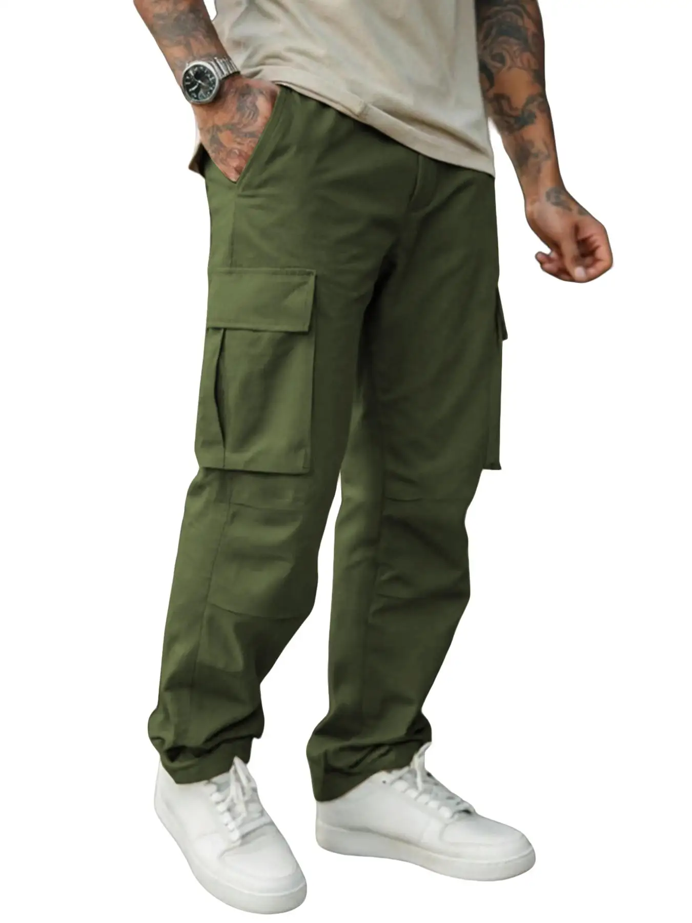 Herren Einfarbige Cargohose Regular Fit Lässige Gerade Hose mit Pattentaschen und Kordelzug für den Alltag – Detail 10