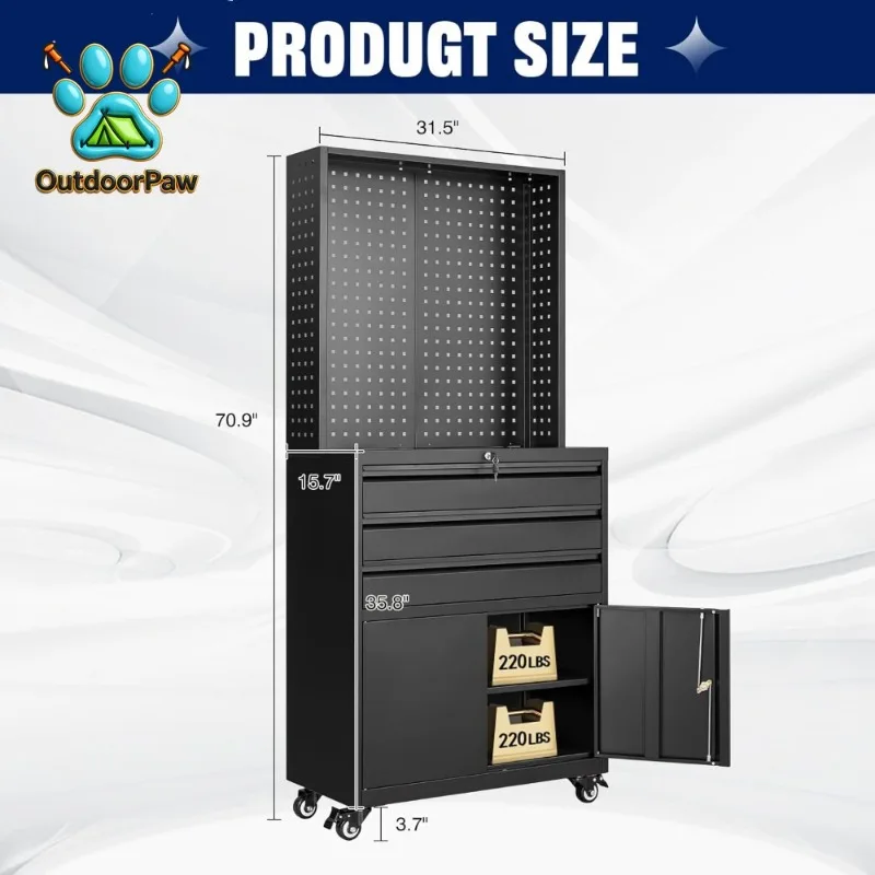 Metal Garage Storage Cabinet with Wheels,3-Drawer Rolling Tool Cabinet with 2 Door and Adjustable Shelves,71