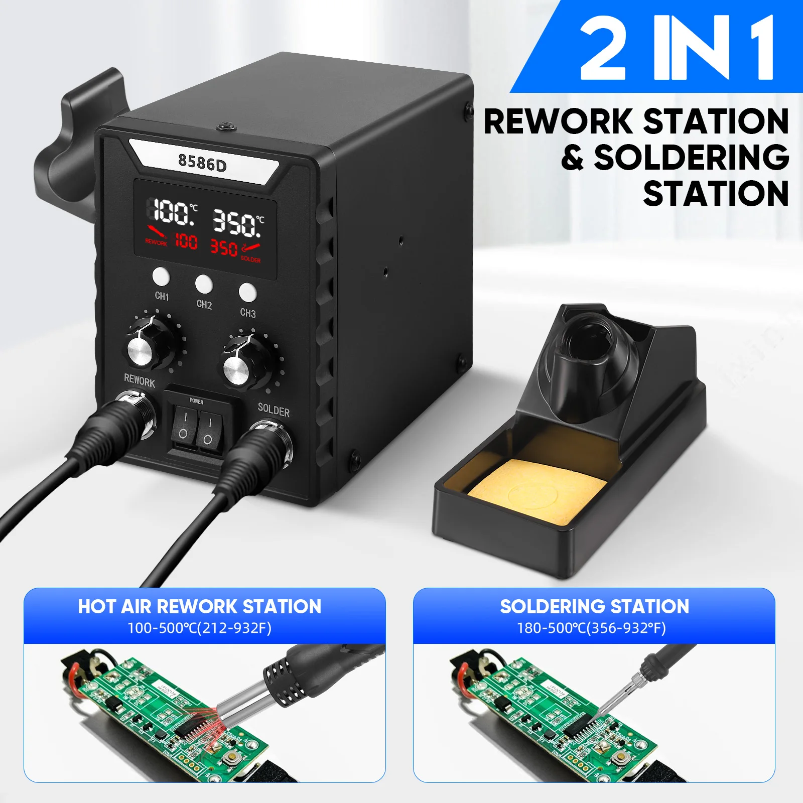 Stazione di Rilavorazione ad Aria Calda 700W Saldatura e Dissaldatura SMD Controllo Digitale della Temperatura PID 100-500 ° C Avvio/Arresto Automatico 3 Ugelli