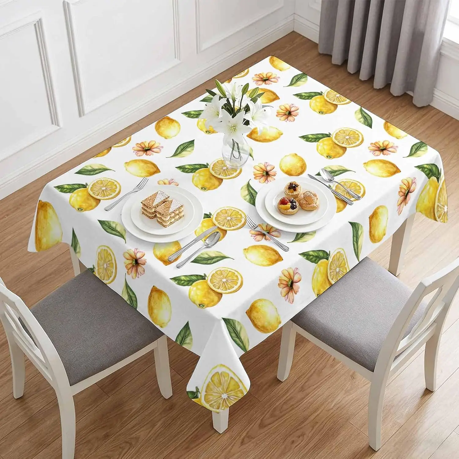 Summer Lemon Floral Print Rectangle Tablecloth for Table Decor Washable Farmhouse Fruit Kitchen Dining Table Cloth Party Decor