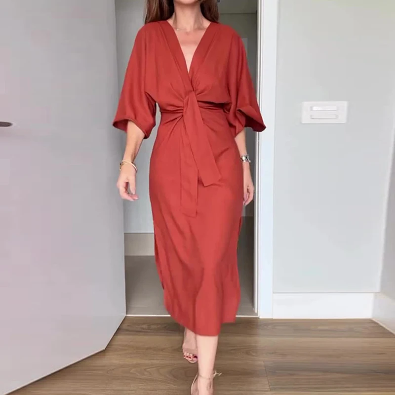 

Sexy V Neck Solid Color Lace Up Evening Dress Fashion Fit Half Sleeve Pleated Split Dress Summer Holiday Simple Vacation Dresses
