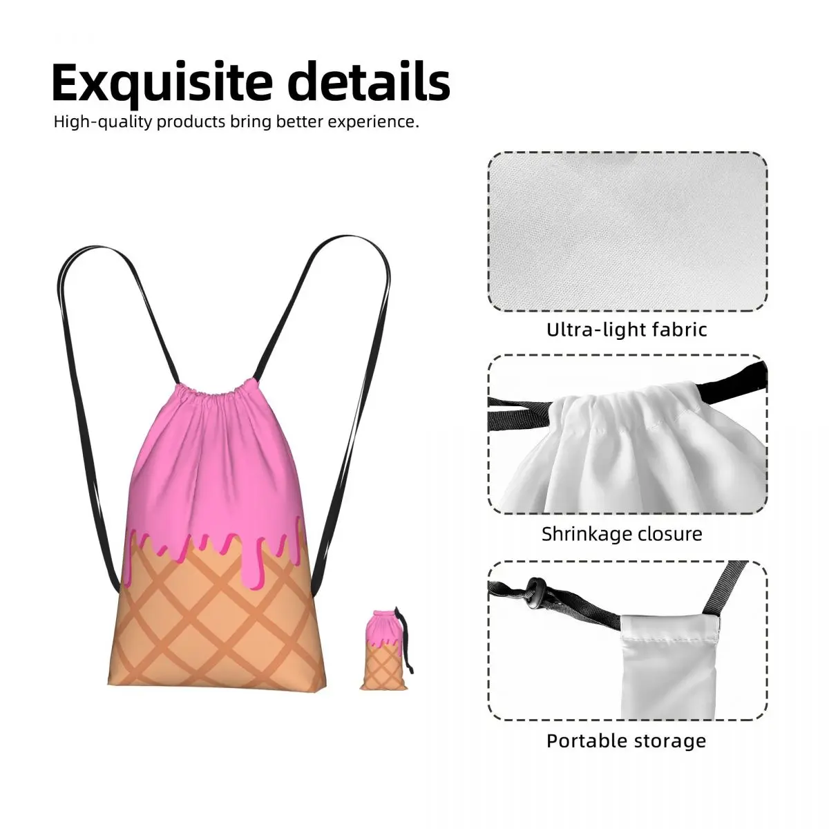 Strawberry Ice Cream Drawstring Backpack hiking cycling Bag Portable Travel Drawstring Bag for Men Women