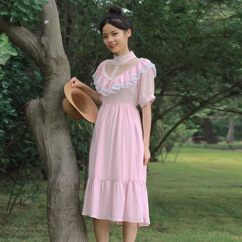 AnXin SH Vintage Prinzessin Chiffon weiße Blume Spitze O-Ausschnitt Kurzarm Perlen Knopf Rüschen Reißverschluss individuelles Abendkleid