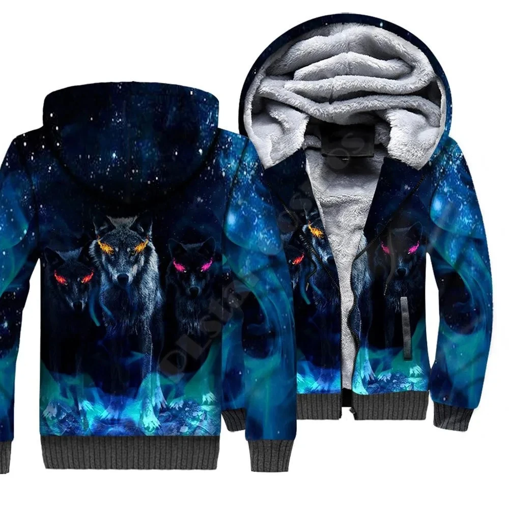 Men's Winter Warm Hoodie Animal Wolf 3D Printed Brushed Velvet Zipper Hoodie Unisex Harajuku Street Casual Velvet Jacket