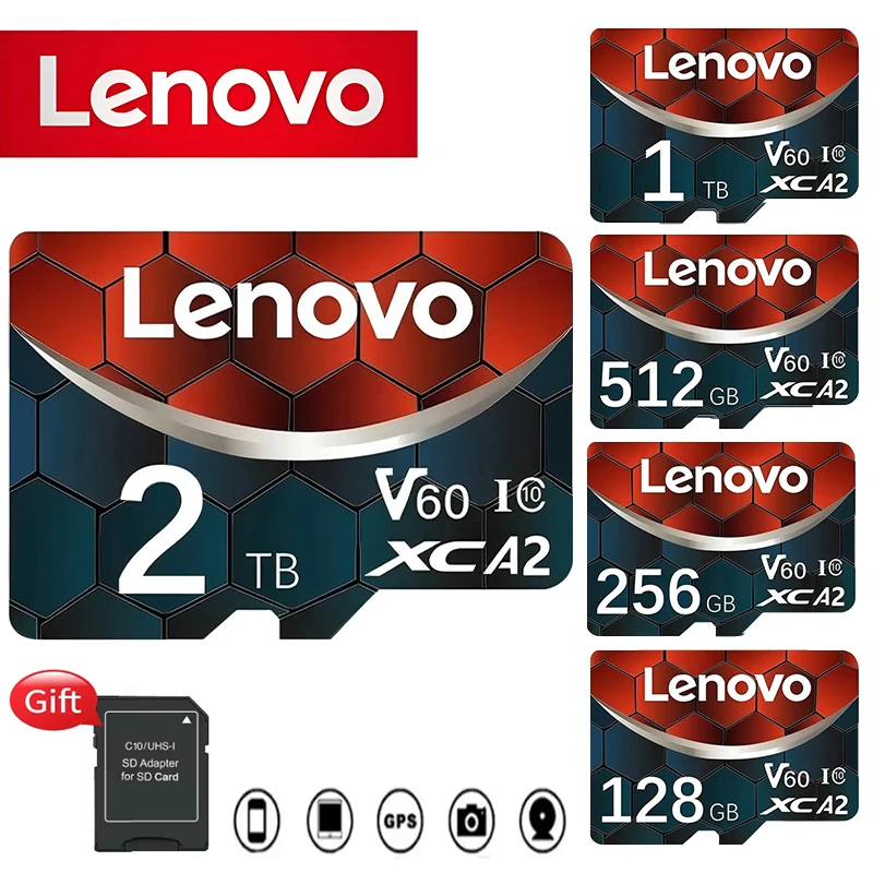 Lenovo 2TB 1TB Micro TF SD Card 128GB 256GB Class 10 A2 Высокоскоростная карта памяти 4K 512GB TF Flash Card 1TB для телефона Камера Дрон