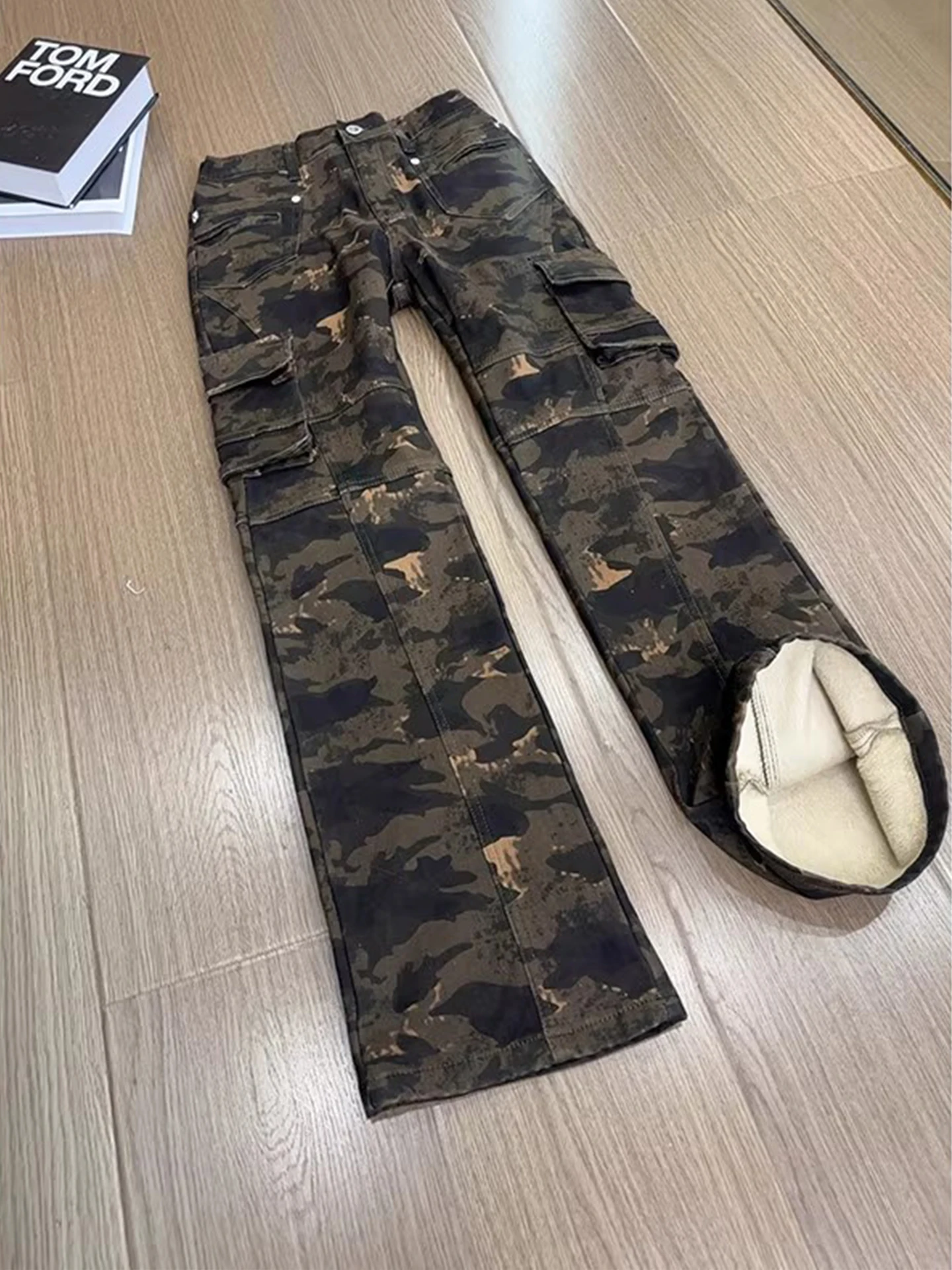 Camouflage Thiened Fce Men's Jeans Elastic Slim Straight Leg Micro Flared Pants Winter High Street Workwear Trousers