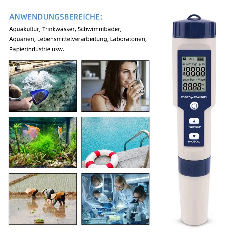 5 In 1 TDS/EC/PH/Salinity/Temperature Meter Digital Water Quality Monitor Tester For Pools, Drinking Water, Aquariums Durable