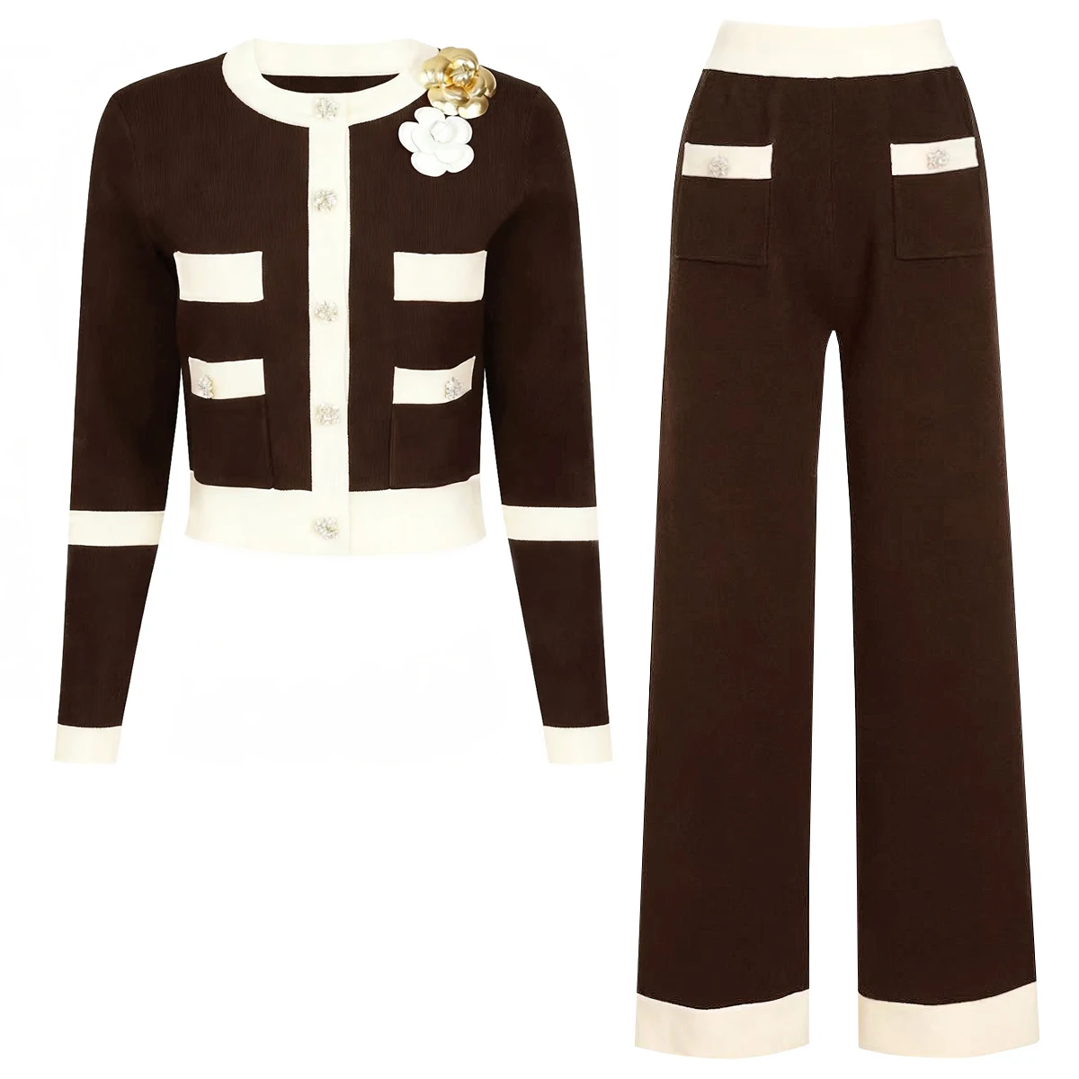 

Высококачественный весенне-осенний новый стильный женский модный вязаный топ с длинными рукавами и цветочным принтом, комплект из куртки + брюк