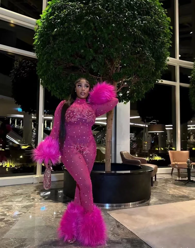 

Guibin Women Bodycon Feathers Prom Dress Shinning Crystal Jumpsuits Nightclub Party Birthday Ball Gown Performance Stage Wear