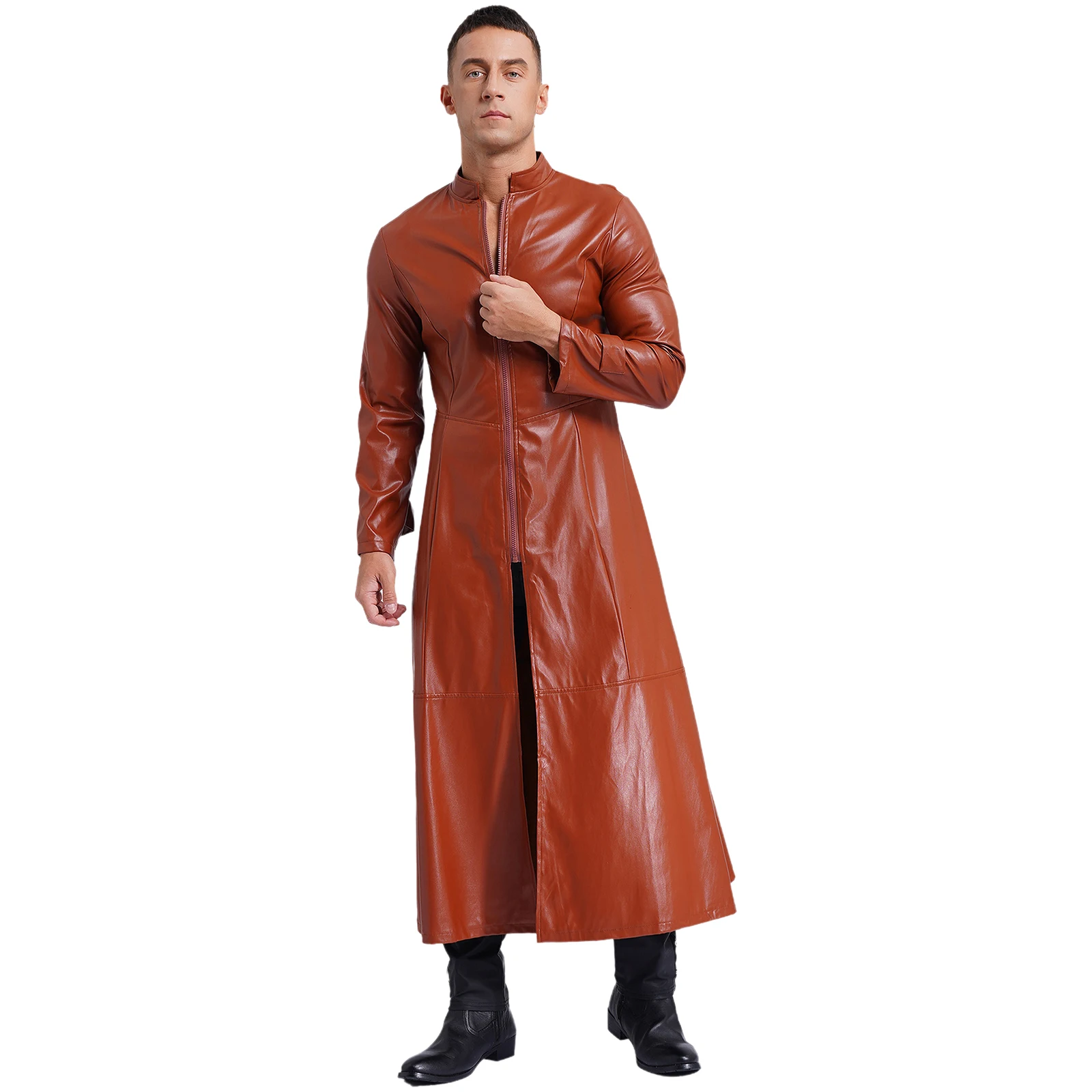 Mens Steampunk Faux Leather Trench Coat Clubwear Stand Collar Front Zipper Long Sleeve Long Coat Windproof Jackets Overcoat Tops