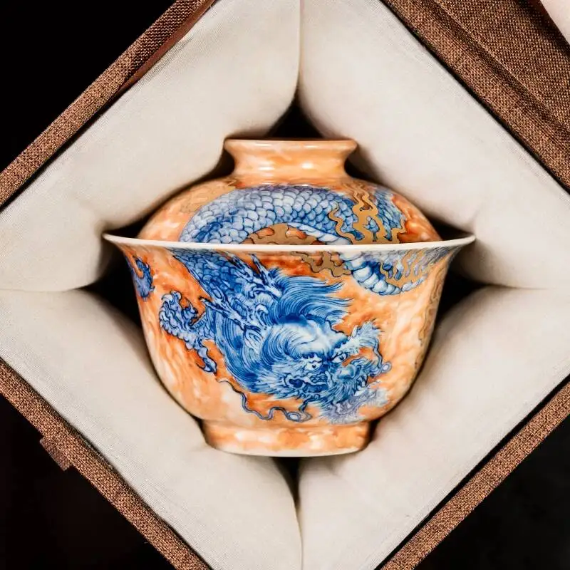 Sacred Mountain Blue And White Porcelain With Alum Red Dragon Pattern Jingdezhen Handmade Ceramic Set, Tea Brewing Cover Bowl