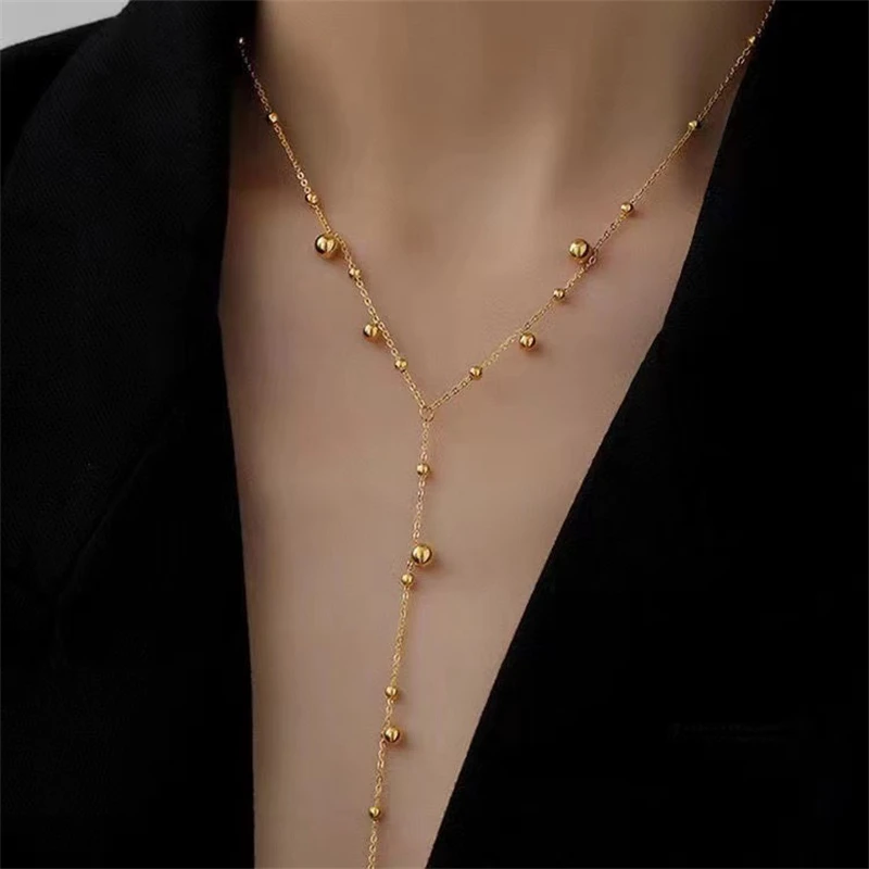 INS new 18K gold plated long fringe bead chain necklace gift Stainless steel round bead fringe hanging necklace