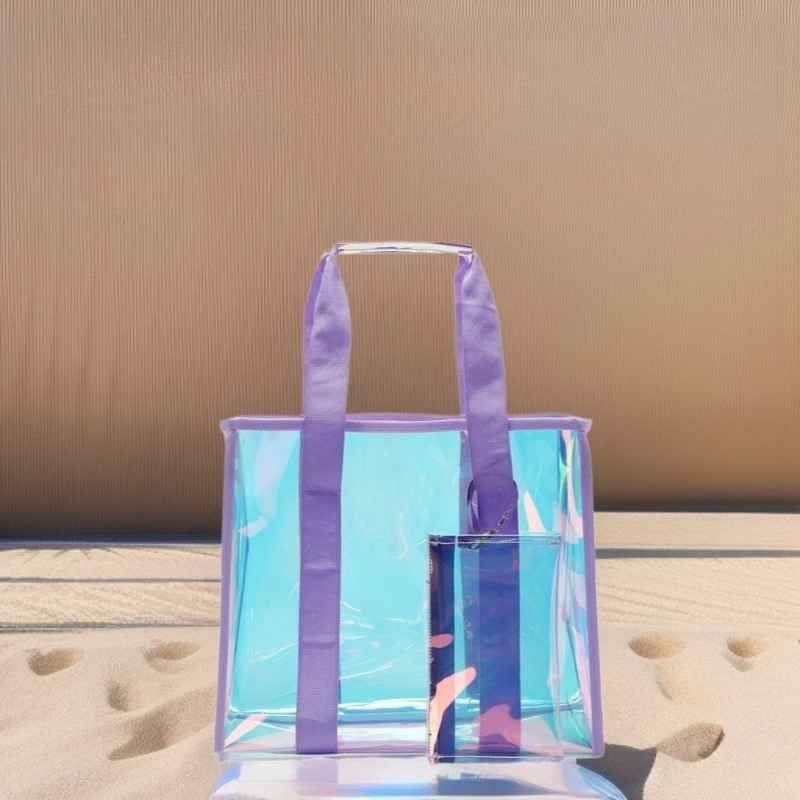 

2pcs Laser Transparent Handbag Beach Bag Large Capacity Travel Organizer for Women Seaside Vacation