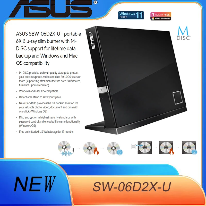 Escrittore Blu-Ray 6X esterno internazionale per computer ASUS con supporto BDXL SBW-06D2X-U