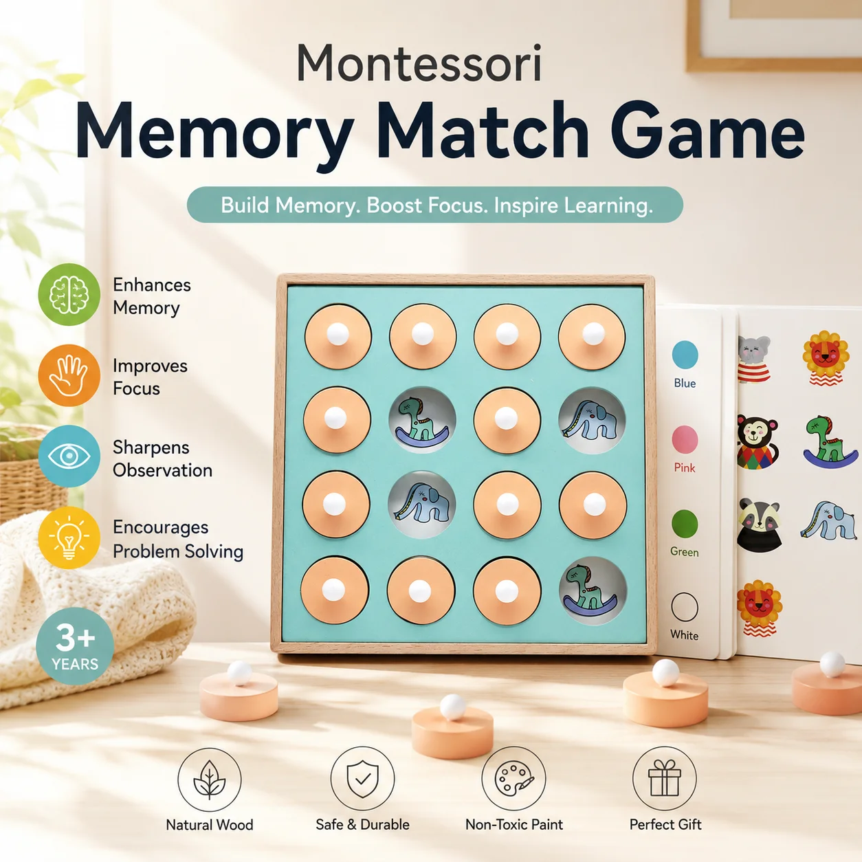 

Wooden Memory Match Game for Kids and Adults, Educational Board Game for Ages 3-6, Birthday Gift for Boys and Girls