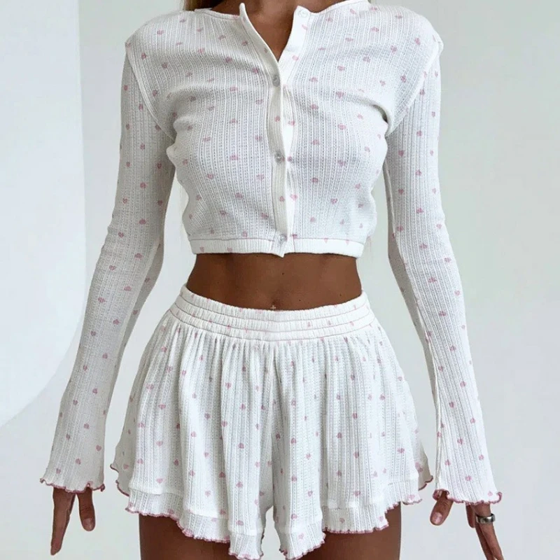 

European and American Love Printing Fashion Long-sleeved Shorts Waist Simple Comfortable Home Wear Suit Pajamas Skin-friendly