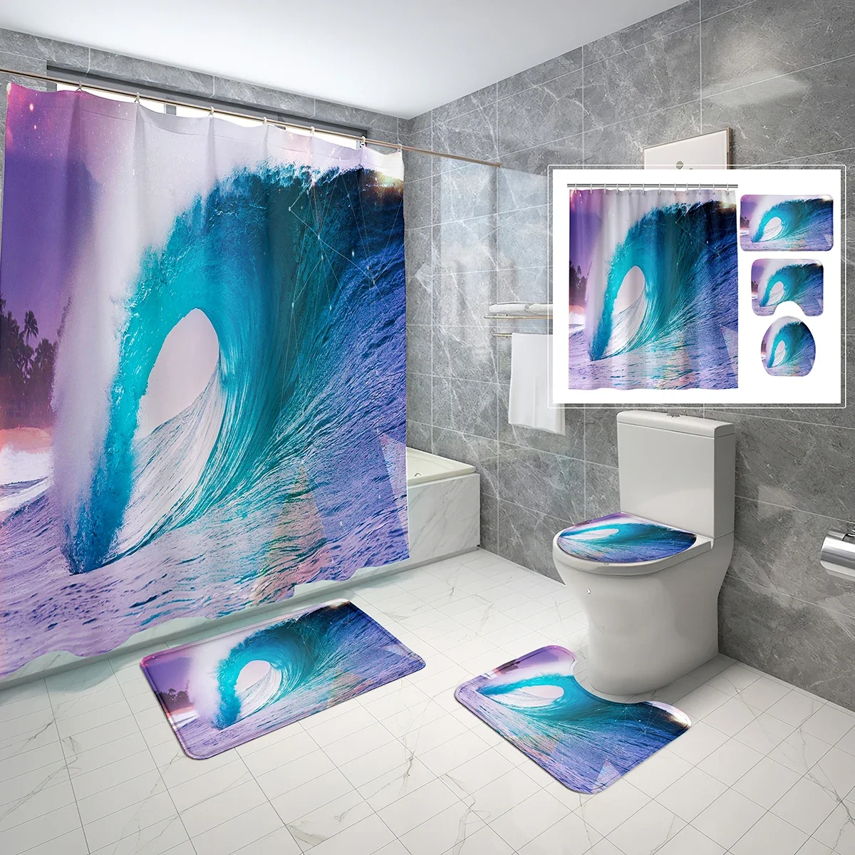 Ocean Aesthetics Shower Curtain 4 Piece Set Modern Ocean Wave Shower Curtain with Hooks Non-Slip Bath Mat Toilet Lid Cover