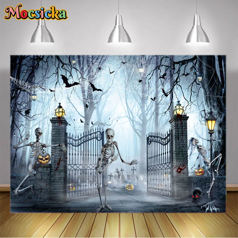 

Photo Backgrounds Halloween Skeleton Inviting A Zombies Party In Cemetery With Foggy Forest Photography Backdrops Studio Props