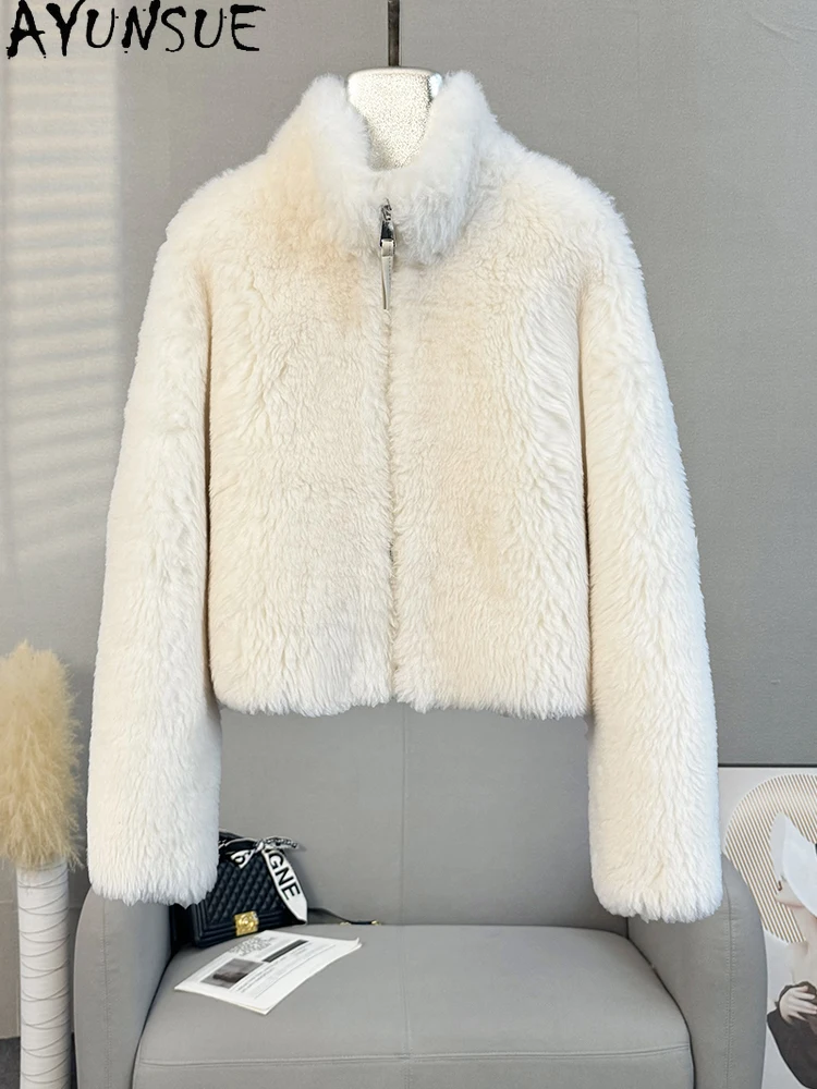 سترة نسائية من الصوف الطبيعي 100% من AYUNSUE بياقة واقفة وسترة من فراء الضأن ملابس نسائية عالية الجودة جديدة في ملابس خارجية كوكفاتا ميخيم