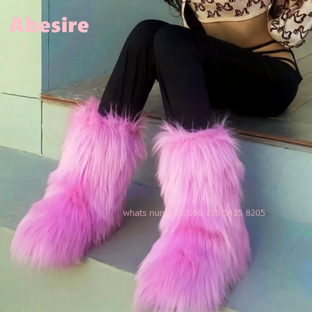 Fur Long Snow Boots Plush Winter Warm Women\'s Boots Customized 2024 Y2K Pink Fluffy Height Increasing Knee High Boots Casual