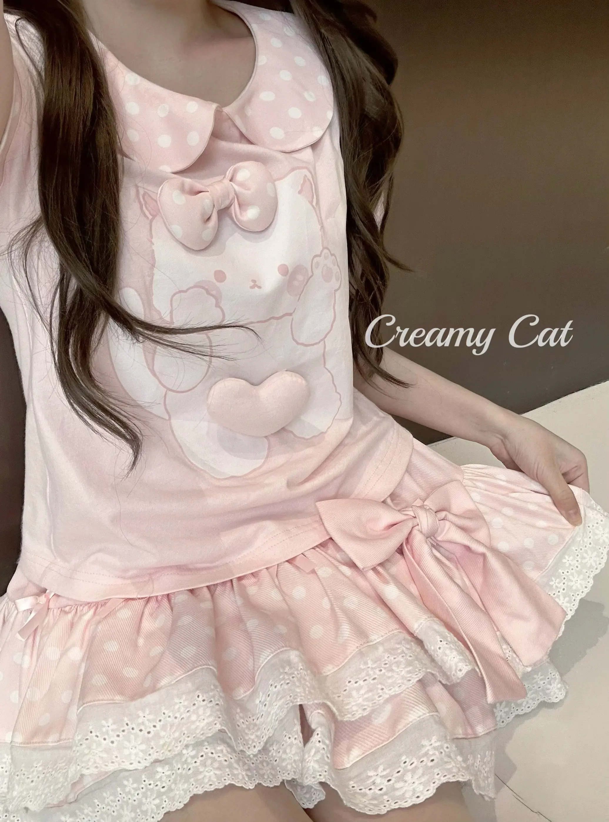 Kawaii 3D Cat Heart Pink T-Shirt 2026 New Polka Dot Peter Pan Collar Cute Top Daughter's Cute Short-sleeved Cotton Summer Top