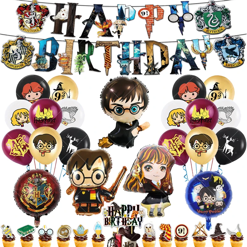 Decoración de Fiesta de Cumpleaños de Harry Potter: Fondo de Globos de Hogwarts, Banderín de Feliz Cumpleaños, Adorno para Pastel y Vajilla Desechable