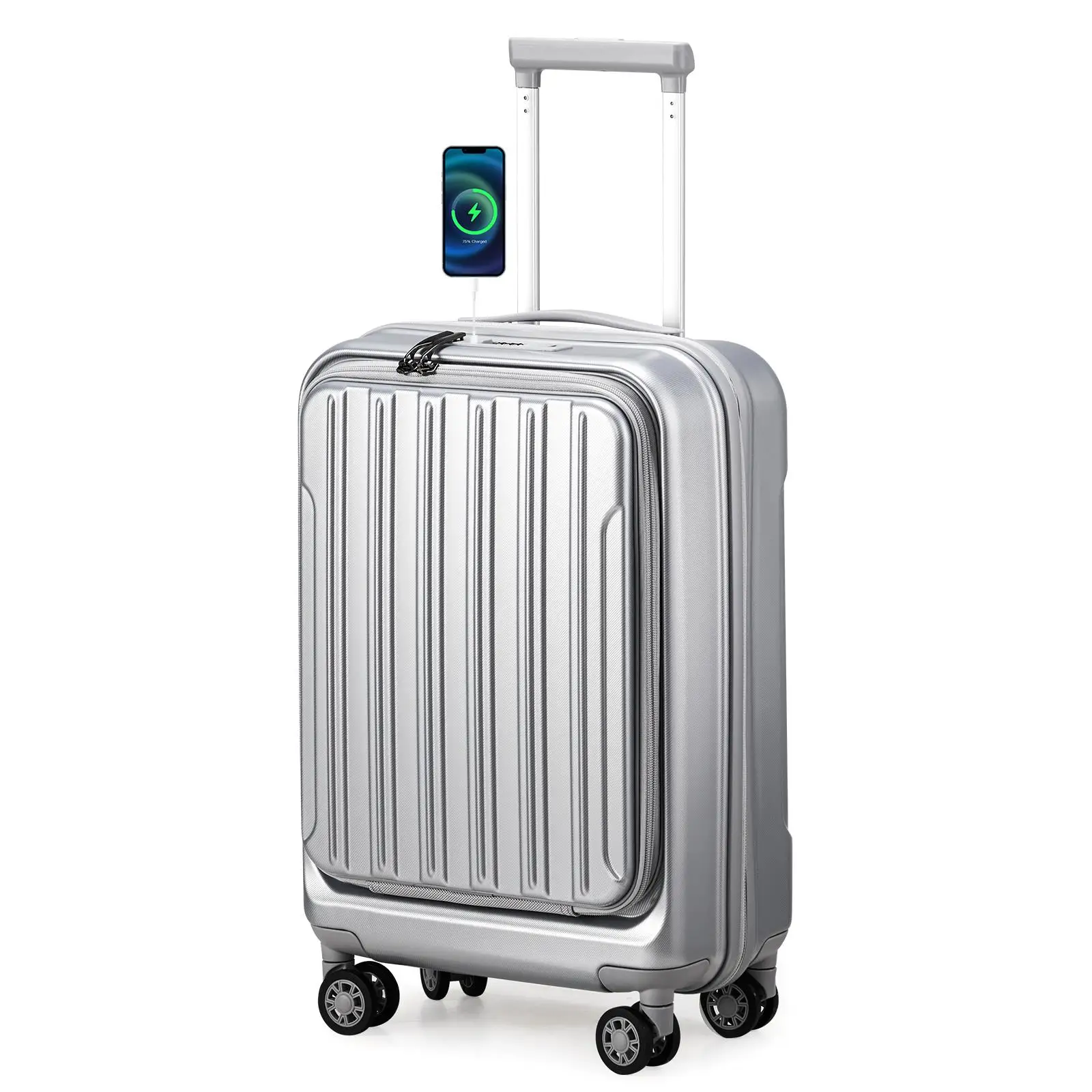 22 Expandable Carry-On Luggage - TSA Approved, USB Port, 20-Inch, ABS+PC,  Spinner Wheels, Silver