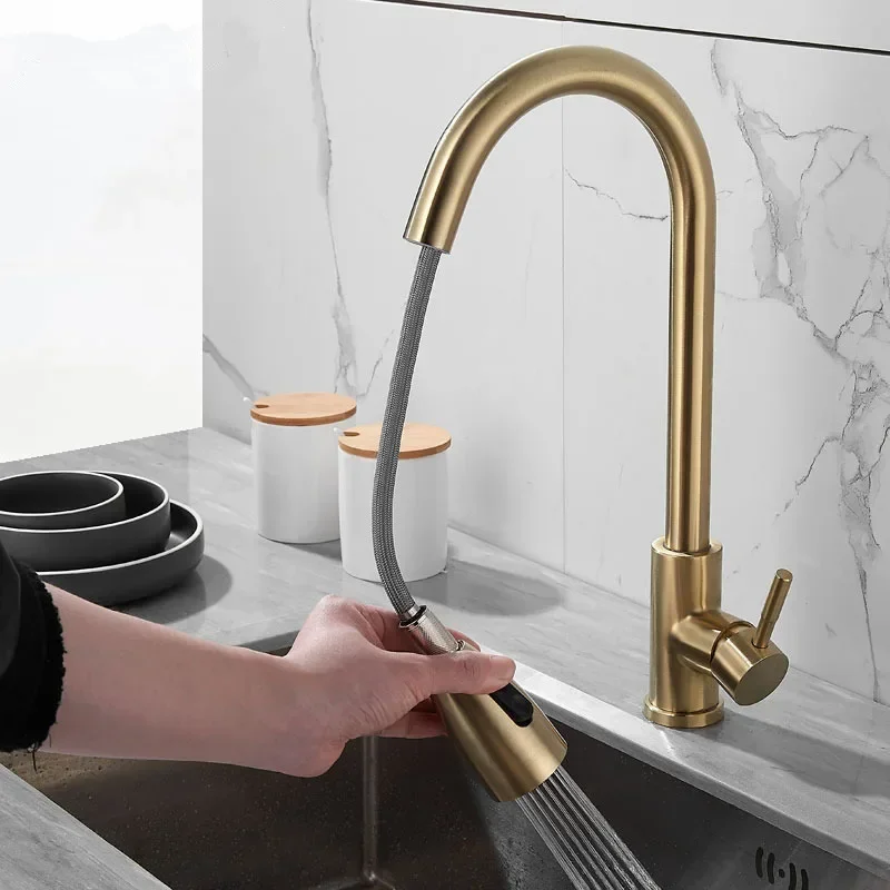 Brushed Gold Kitchen Faucet  Single Handle Pull Out Kitchen Tap Single Hole Handle Swivel Kitchen Mixer Tap Mixer Tap