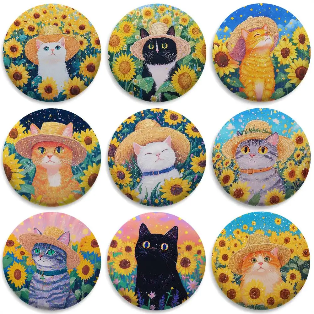 

Cute Sunflower Kitten Cat Badges Round Exquisite Badge Brooches Creative Pins For Clothes Hat Backpack Gift Accessories
