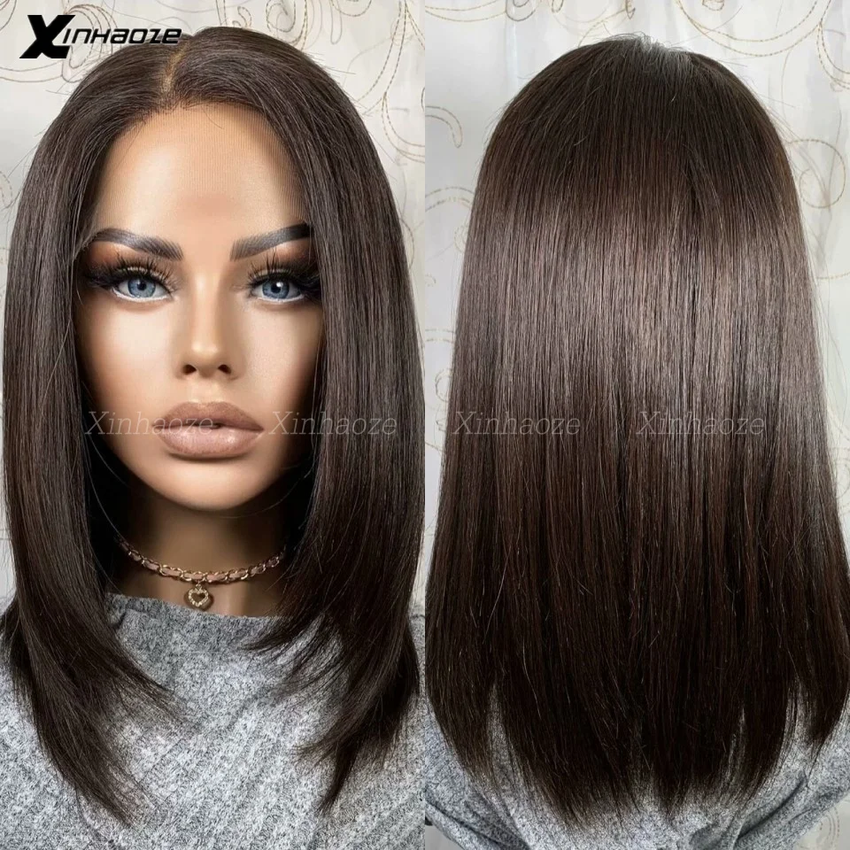 #2 Dark Brown Colored Short Bob Human Hair Wigs Straight Silk Base Top Wig Brazilian Remy 13x4/13x6 Lace Frontal Human Hair Wig