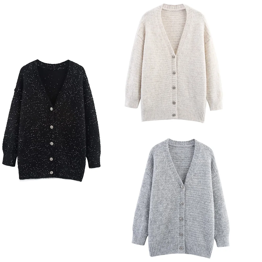 

New women's clothing European and American style fashionable simple sequin sweater V-neck cardigan long sleeved
