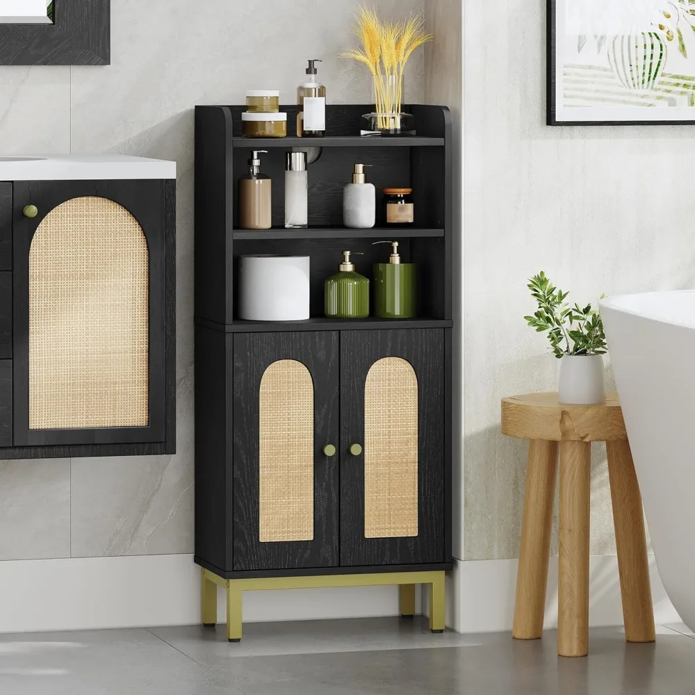 Compact Bathroom Storage Cabinet with Adjustable Shelf for Small Spaces Rattan Black