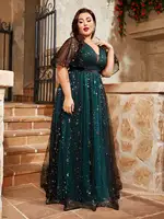 Mgiacy plus size V-neck sequin embroidered contrasting double mesh full skirt Evening gown Ball dress Party dress - Image 4