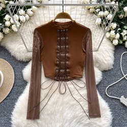 Elegant Stand-up Collar Vintage Long Sleeve Chic Bandage Slim Mesh Spliced Top French High Street Streetwear Autumn Shirts