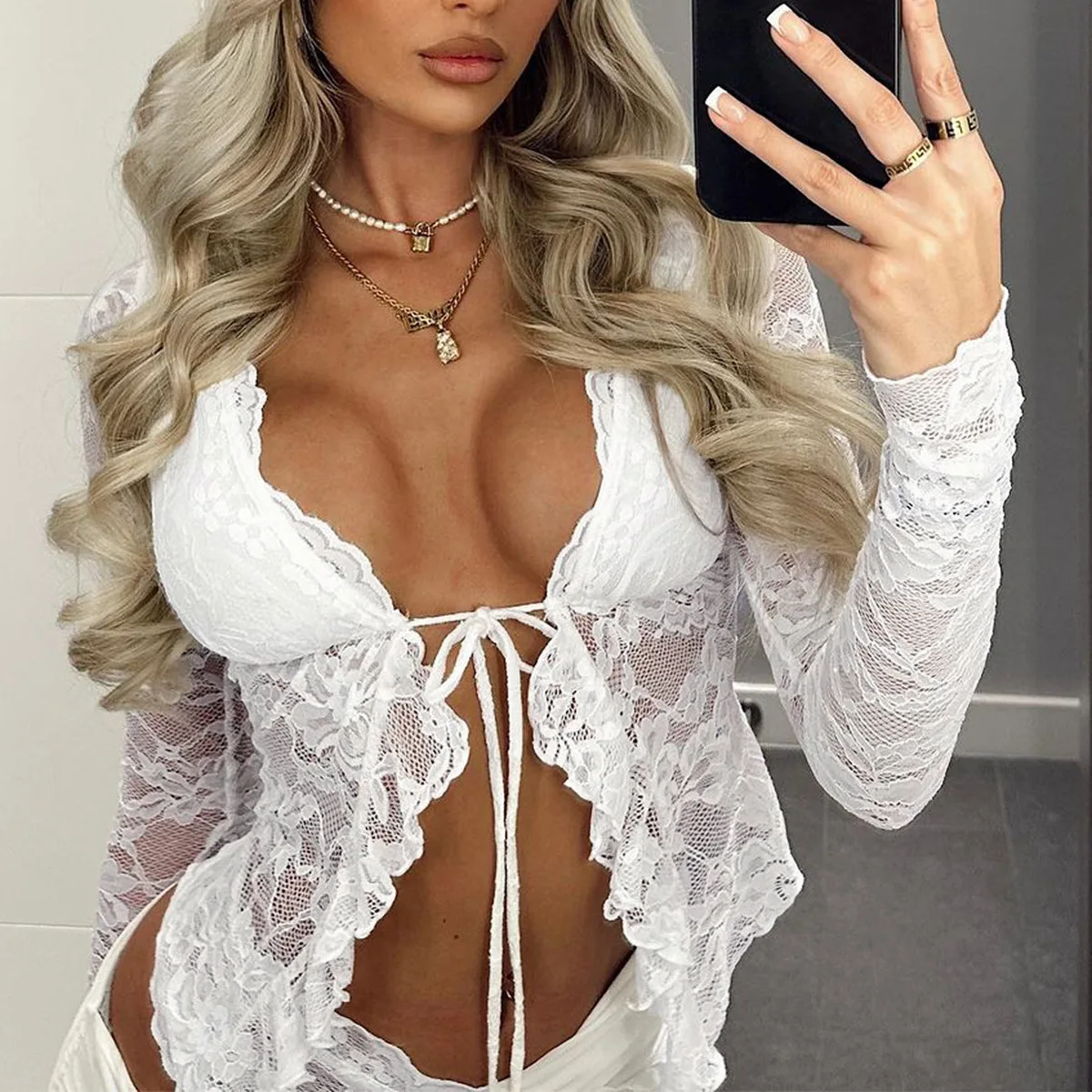 

Y2K Lace Tie Front Hollow Out V-Neck Long Sleeve Crop Top for Women Sexy See Through Party Cardigan Blouse