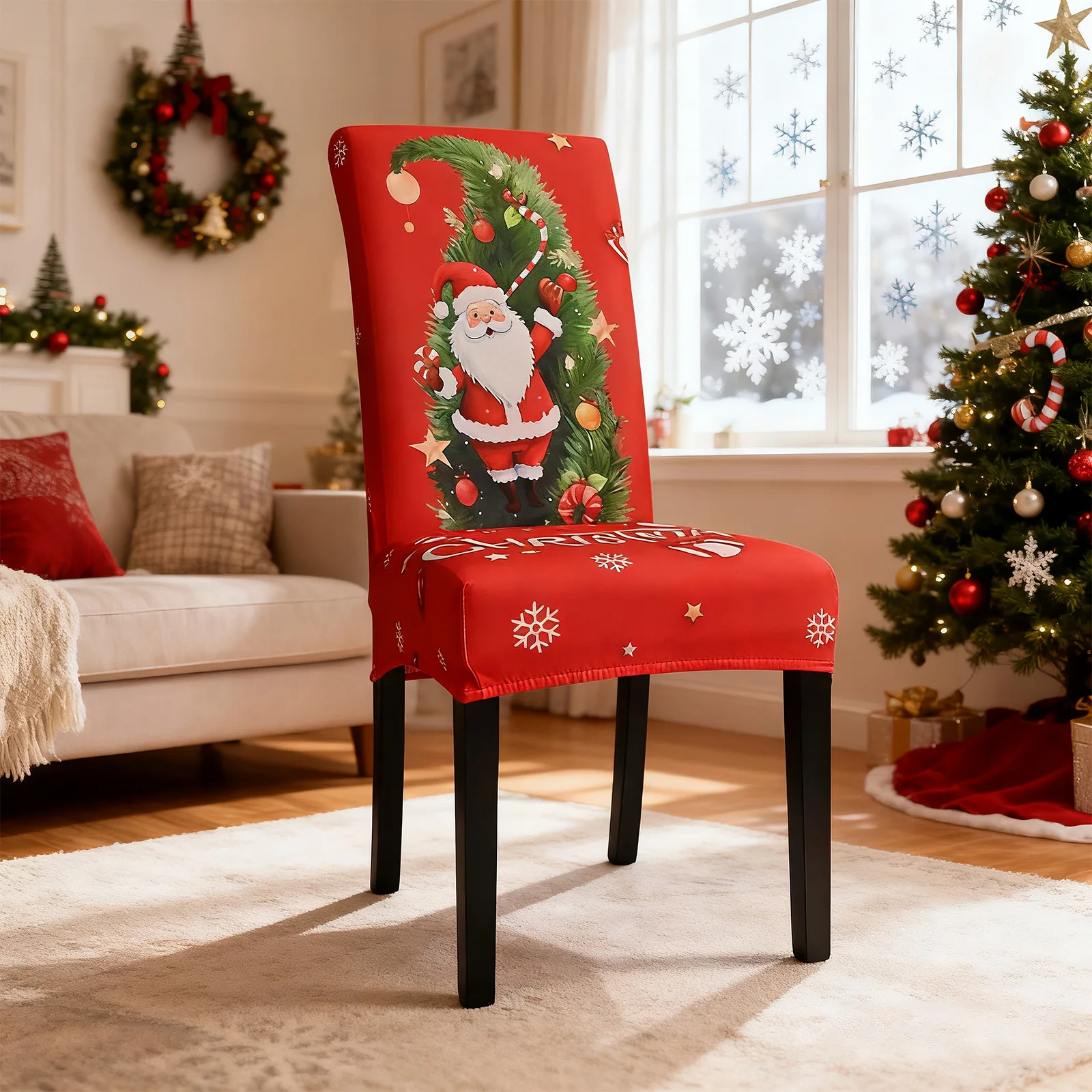 Christmas Chair Cover Dustproof Cartoon Santa Snowman Print Stretchable Fabric New Year Party Decor Chair Protective Sleeves