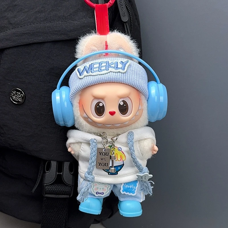 

Clothes For Labubu Dolls Fresh Casual Style Outfit Sets For 15/17cm 1st-3rd Gen Dolls Light Blue Knitted Hats Blue Headphones