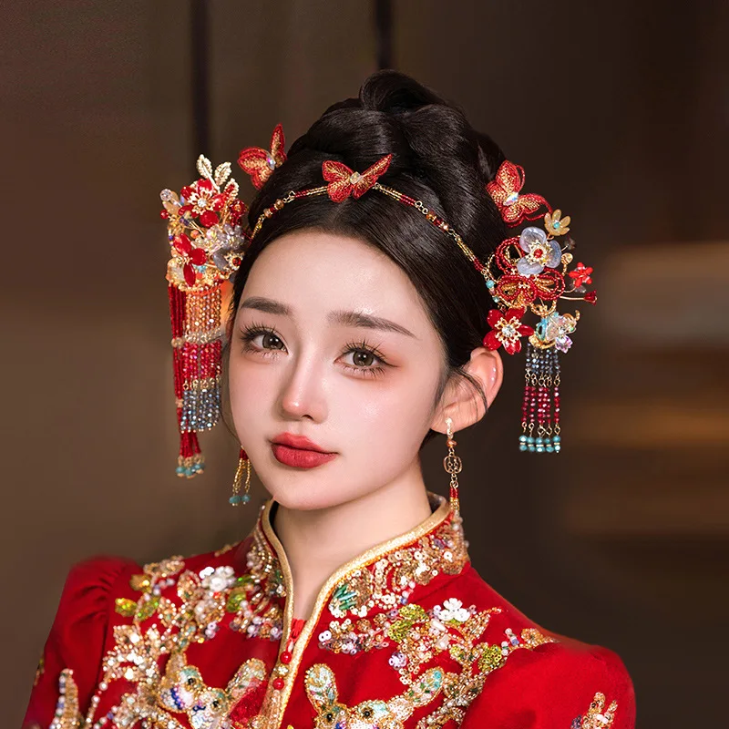 Xiuhe Headdress Red Flower Costume Chinese Wedding Jewelry Hair Clasp Simple and Elegant