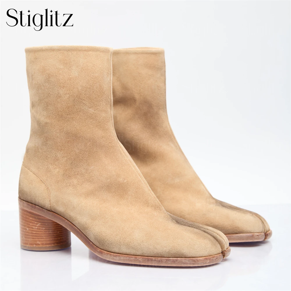 5cm Brown Suede Tabi Booties Classic Cylindrical Heel Fashion Boots Designer Novelty Split Toe Boots Men's Handmade Ankle Boots