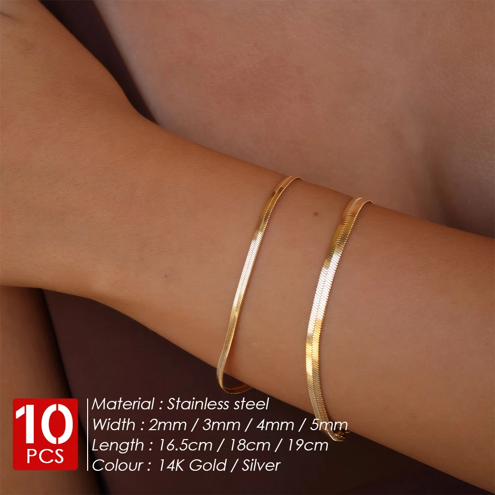 eManco 10PCS Blade Chain 2/3/4/5MM Trendy Snake Chain Bracelet Gold Color Stainless Steel Chain Bracelet For Women Jewelry Gift