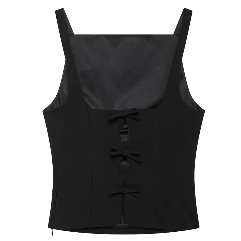 TRAF Women 2024 Velvet Black Vest Tanks & Camis Bow Crop Tank Top Corset Sleeveless Backless Straps Tops Lady Elegant Sexy Vests