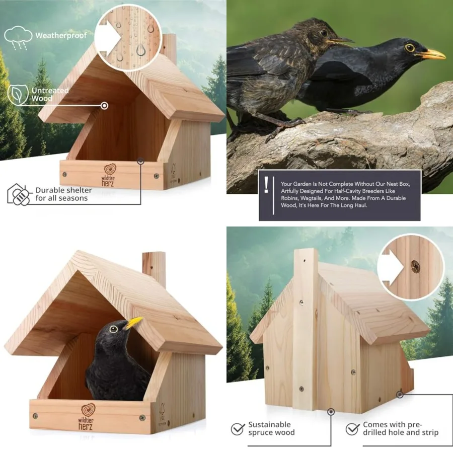 

Solid Wood Blackbird Nesting Box - Weatherproof and Untreated, Wooden Bird Houses for Semi-Cavity Breeders - Blackbirds, Robins