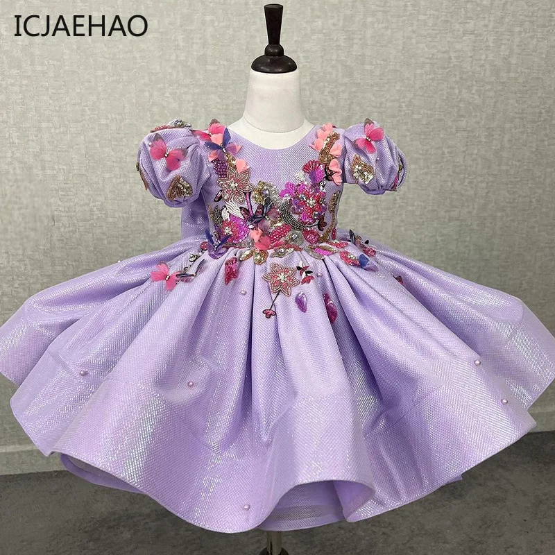 

ICJAEHAO 2024 Purple Girl Flowers Ball Dress Kids Fluffy Costumes Retro Appliques Puff Sleeveed Children Birthday Party Princess