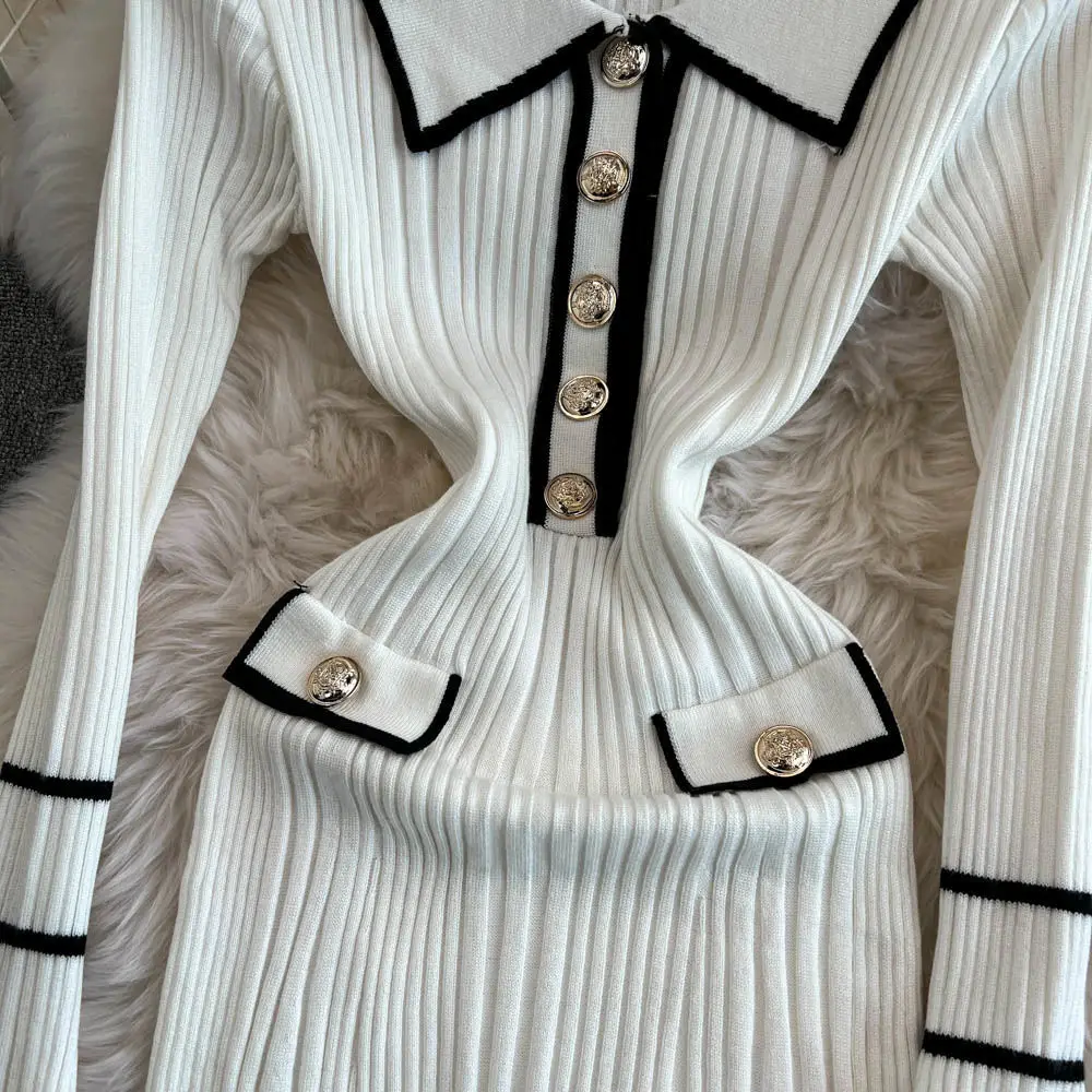 French Socialite 2025 Spring Autumn New Style Temperament Long Lapel Knitted Dress for Women Party Dresses for Women Y2k Clothes