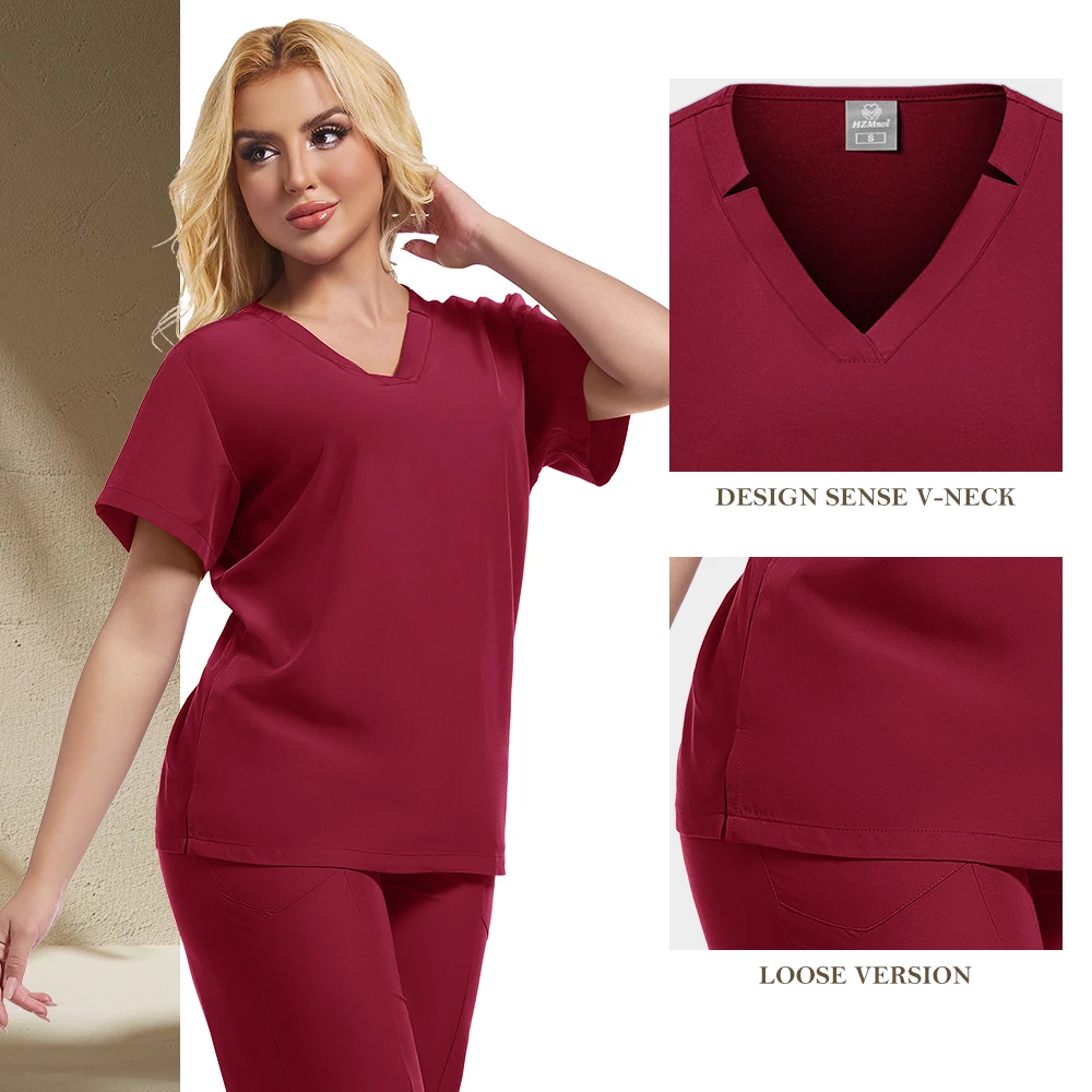 Nova moda com decote em v conjunto de roupas de trabalho de enfermeira feminino hospital médico manga curta uniforme de cirurgia dentária oral médico esfrega conjuntos